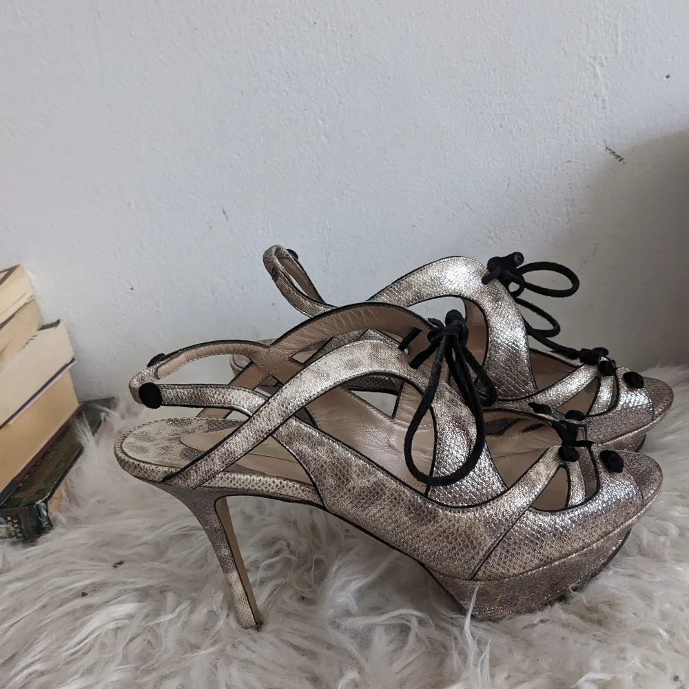 Nicholas Kirkwood Metallic Leather Heels Sandals 8 Lace Up Sling Snakeskin